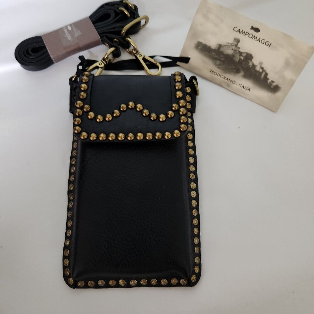 NEW Campomaggi Studded Phone Bag Black Gold Studs
